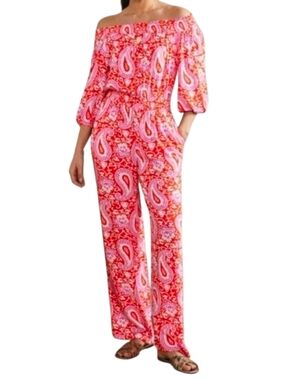Boden Paisley Off-Shoulder Jumpsuit - Red and White Sz 8